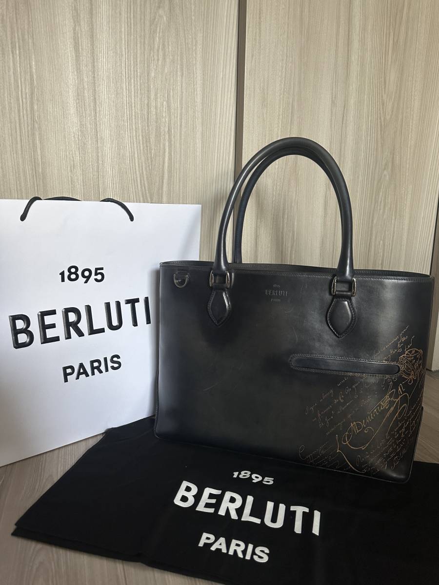 限定色 Berluti Toujours Scritto Swipe Leather Tote Bag ベルルッティ トゥジュール トートバッグ ローズゴールドパティーヌ ブルー_画像1