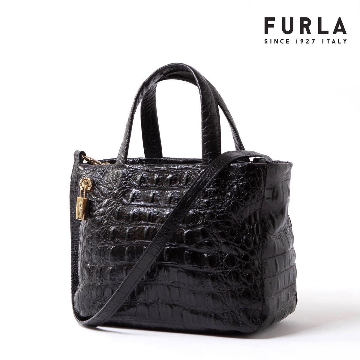 ★極美品★一スタ FURLA フルラ クロコ型押し2WAYトートバッグ ハンドバッグ ショルダーバッグ レザー ブラック系 クロコダイル ロゴ_画像1