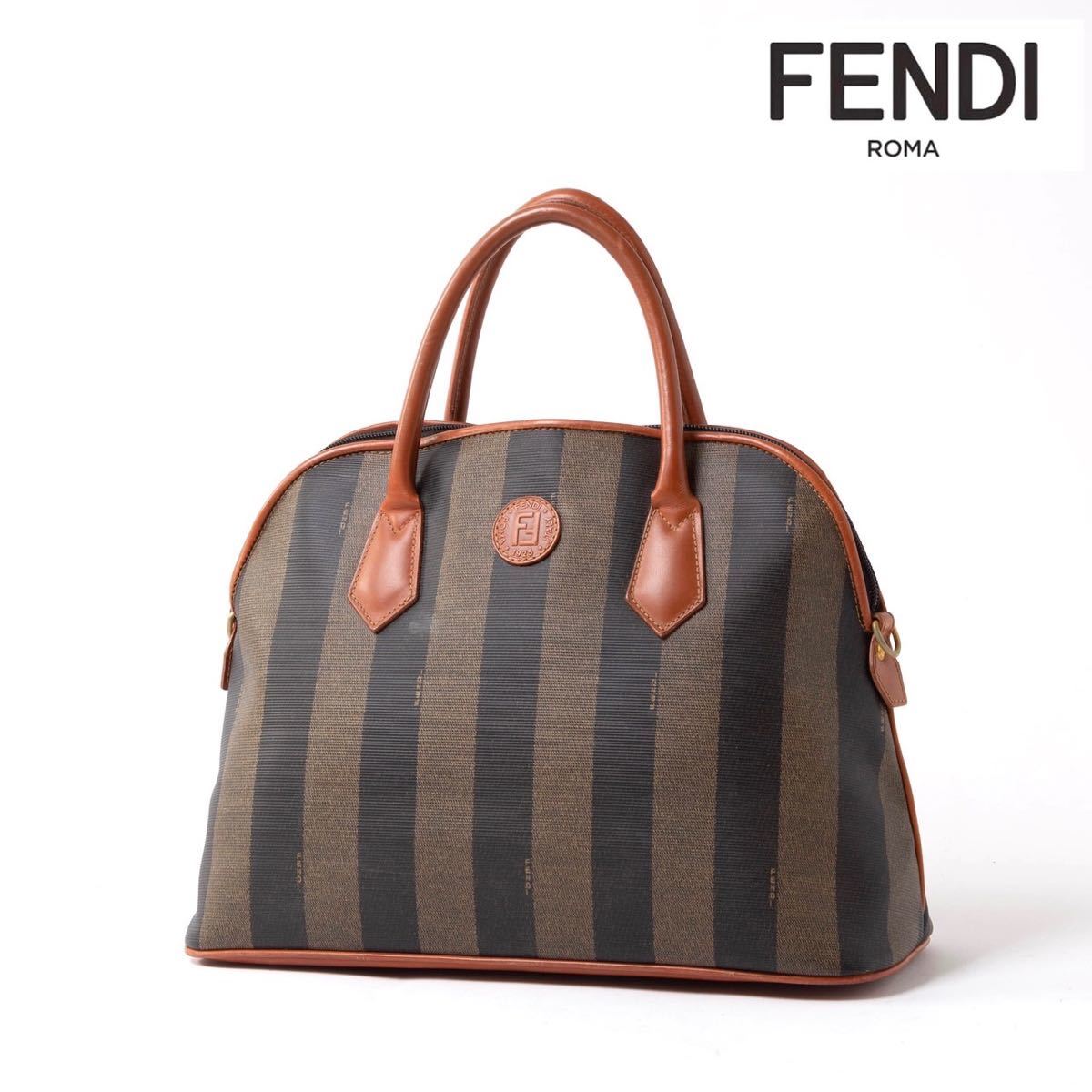 ★極美品★一スタ FENDI フェンディ ハンドバッグ ミニ ボストン ペカン柄 ストライプ柄 PVC ブラウン カーキ 2way メンズ レディース_画像1