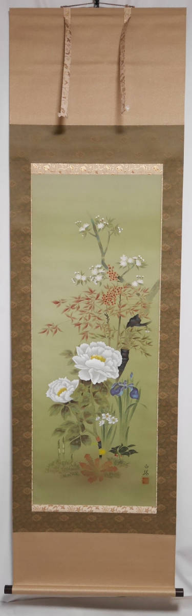 【真作】良品★年中掛【四季草花】日本画家　斎藤白揚◆絹本　肉筆　共箱付　日本画　花鳥　掛軸_画像2