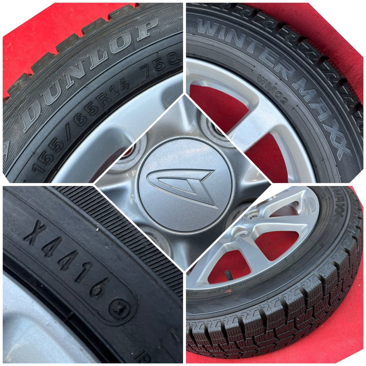 75%溝有。DAIHATSU ダイハツ純正14インチ×4.5＋45 PCD100/4穴DUNLOP 155/65R14スタッドレス4本。ムーヴタントタフトミライースコペン他。_画像7