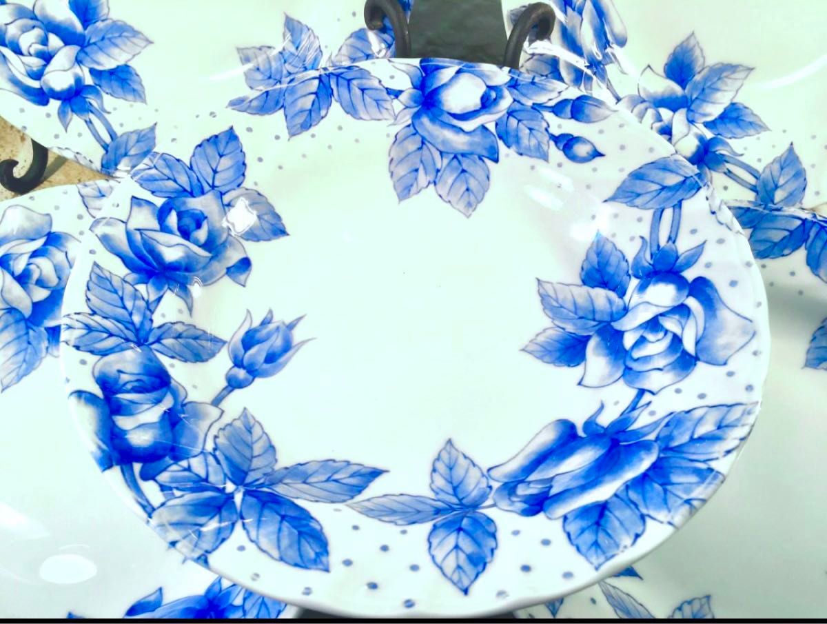 【TOTO】薔薇のカレー皿 ５枚 セット ブルーローズ プレート 東洋陶器
