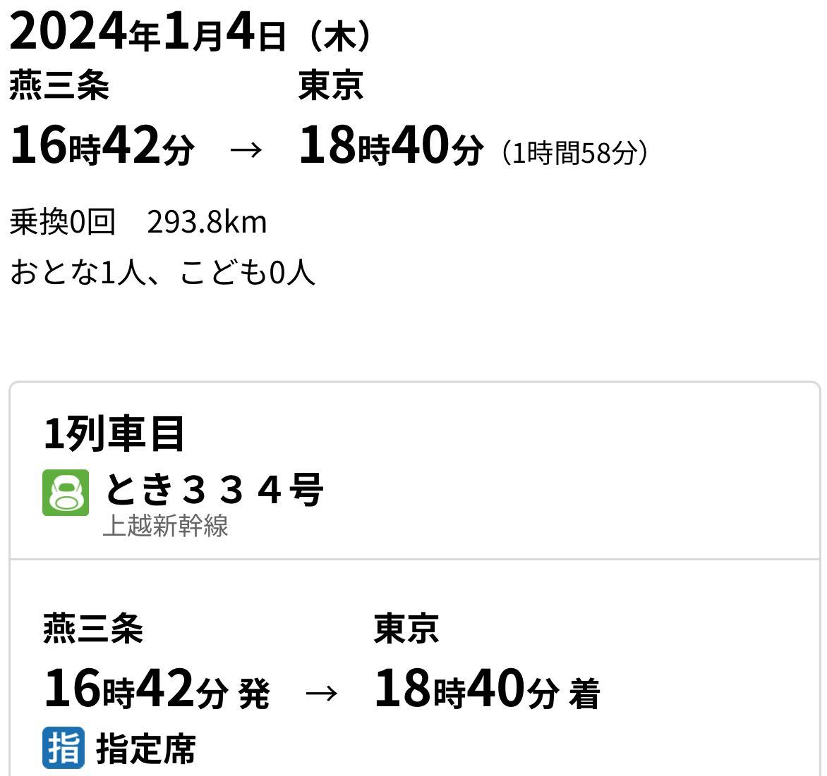 【年末年始の帰省・ご旅行に】送料無料！片道・上りとき334号 1/4(木)乗車 燕三条16:42→東京18:40きっぷ磁気券でお送りします上越新幹線_画像1