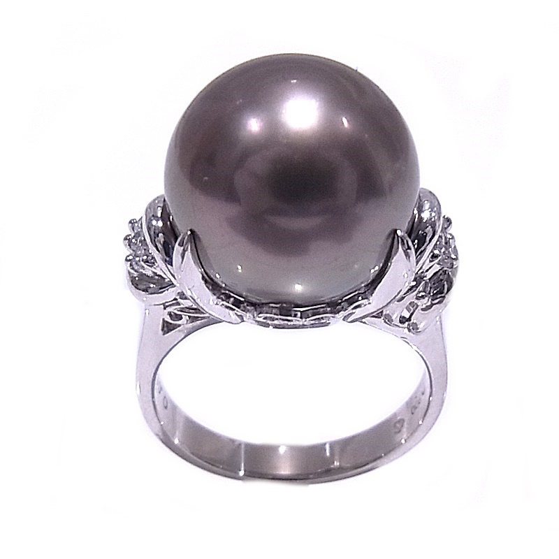 輝く高品質な 指輪 ブラックパールリング 13.8mm玉 【中古】【程度A】【美品】 ダイヤ 0.06ct Pt900 プラチナ リング 黒蝶(くろちょう)真珠