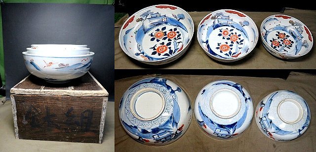 【オープニング大セール】 古伊万里3組鉢☆金らん手・母屋と離れの画・中に窯傷あり☆拡大 金襴手