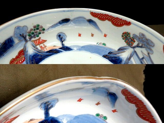 完璧すぎるが故三度も 古伊万里3組鉢☆金らん手・母屋と離れの画・中に窯傷あり☆拡大 金襴手