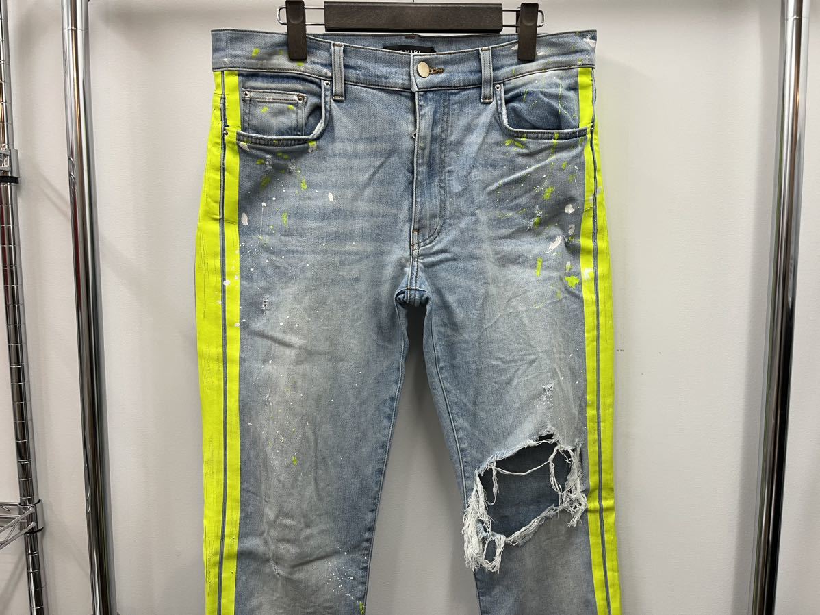 AMIRI デニムパンツジーンズダメージスキニー蛍光イエローサイド AMIRI デニムパンツジーンズダメージスキニー蛍光イエローサイド