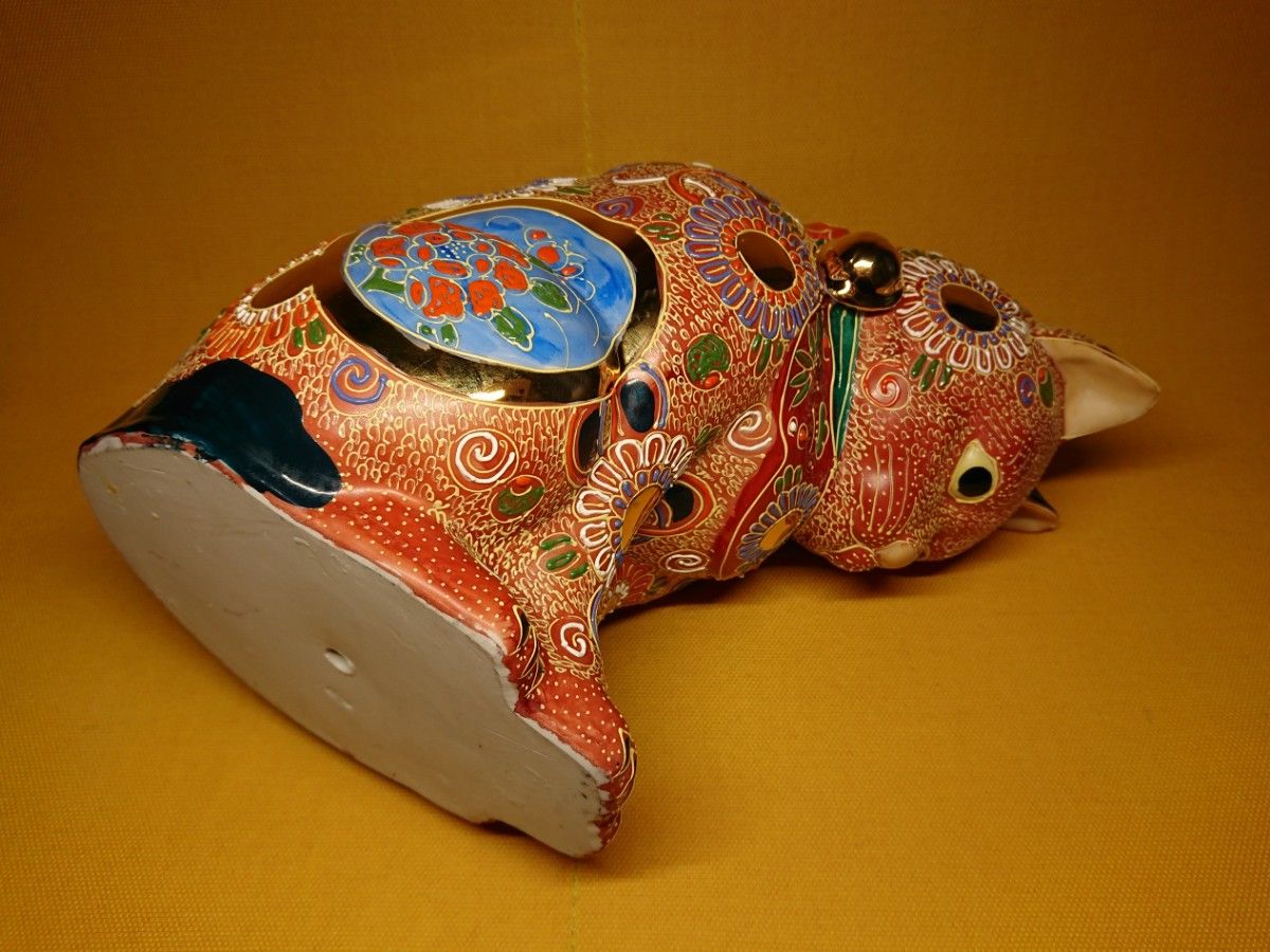 人形　ネコ　九谷　陶器　1.6kg　置物　インテリア　工芸品　美術品　A2745