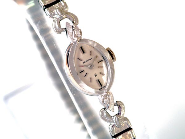 14K金無垢 ダイヤモンド2個 HAMILTON 14K SOLID GOLD 整備済 機械式手巻き 腕時計 ハミルトン レディース 女性 1950年代 ブレスレット_画像3
