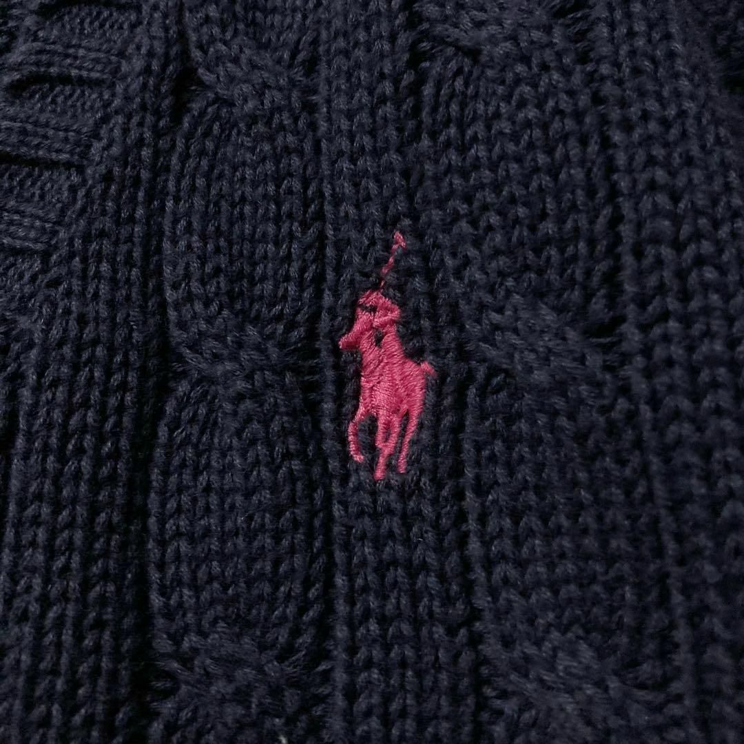 ラルフローレン　Vネックケーブルニット　ピュアコットン　ネイビー　ポニー刺繍　レディース　Sサイズ　RALPH LAUREN SPORTS