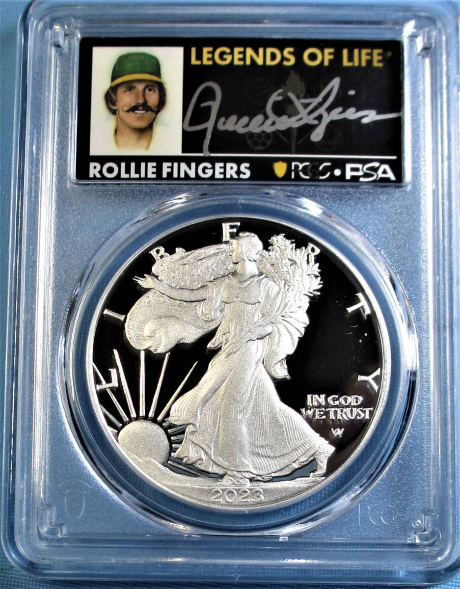 ★★ 最高鑑定 シルバーイーグル プルーフ 2023年 MLBレジェンド セーブ王Rollie Fingers 直筆サイン １$ .999銀貨 PCGS PR70DCAM AR ★★_画像1