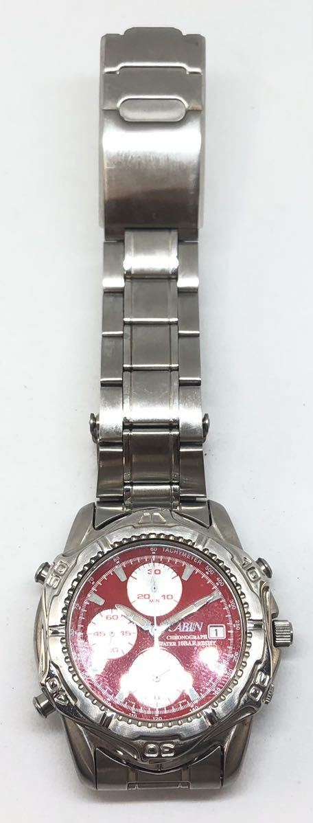 【HT4747】SEIKO セイコー CABIN キャビン Y182-6C00 クロノグラフ QZ クォーツ 赤文字盤 シルバー デイト メンズ腕時計 φ53.5_画像6