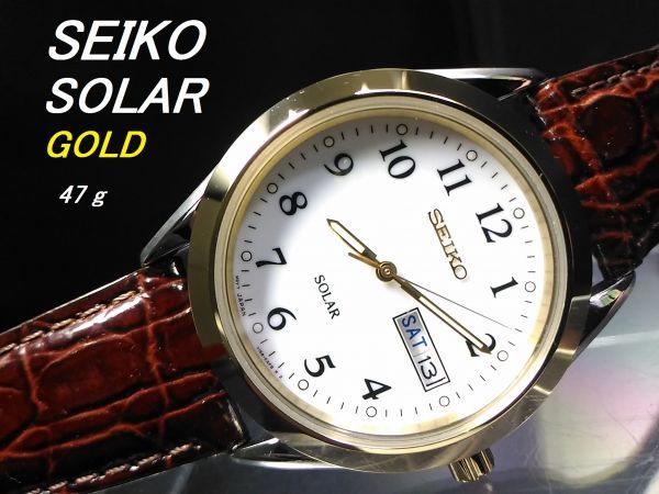  原文:【47gの軽さ 1円】SEIKO セイコー solarソーラー 本革 レザー GOLD ゴールド メンズ 逆輸入モデル 腕時計 新品 アナログ 未発売 ウォッチ