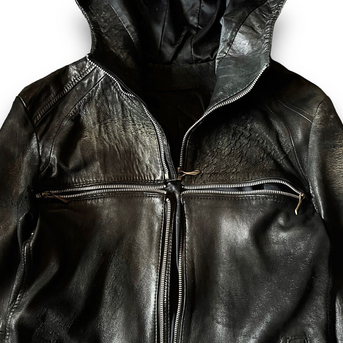 00's 14th addiction Cross Zip Leather Hooded Jacket 00's 14th addiction Cross Zip Leather Hooded Jacket
