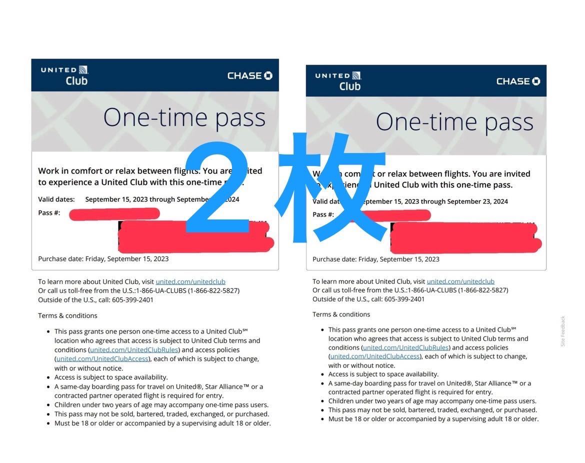 【送料無料】ユナイテッド航空 ワンタイムパス ラウンジ使用 United Airline one time pass 2枚セット 期限 2024年9月23日_画像1