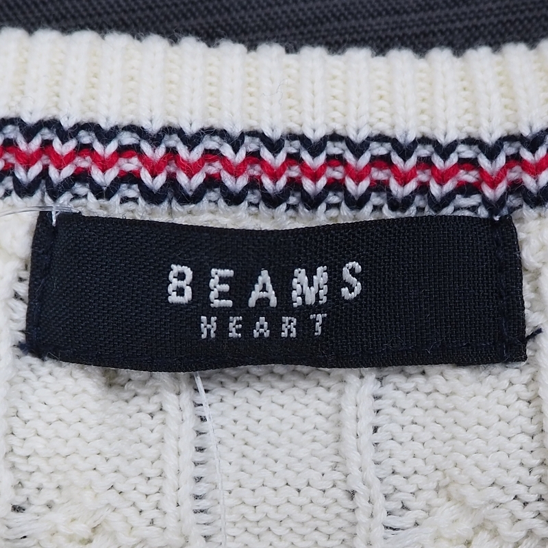 P877 新品 ビームス コットン ケーブル クルーネック ニット セーター (サイズ:L) BEAMS HEART メンズ ホワイト系_画像7