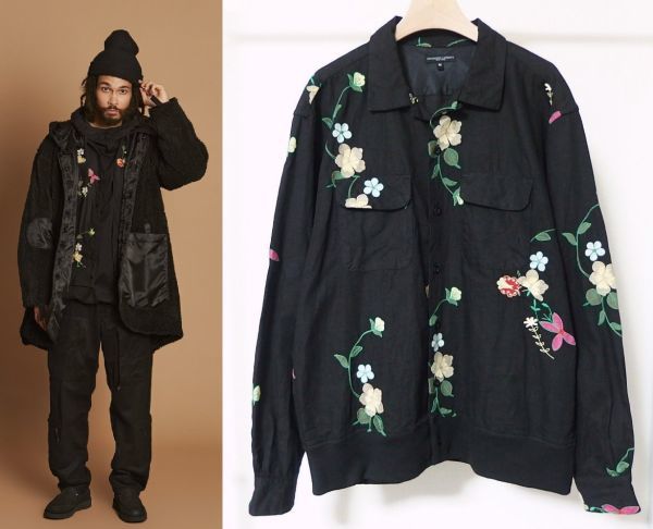 21AW Engineered Garments エンジニアードガーメンツ Classic Shirt Floral Embroidery Black with Multi Color 刺繍 クラシック シャツ M_画像1