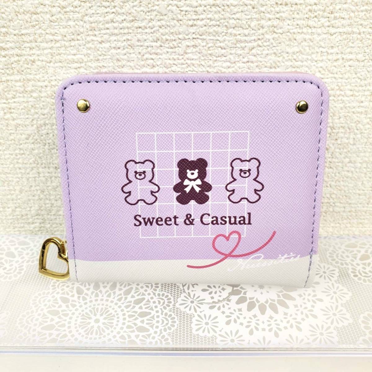 【未使用】Sweet & Casual ハートチャーム付き 折りたたみ財布 ラウンドファスナー パープル 小銭入れ コインケース プレゼント 誕生日_画像1