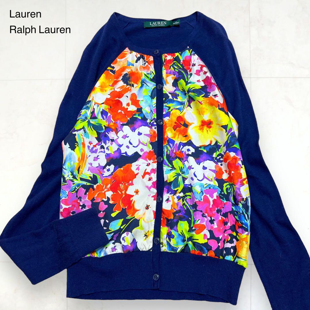 美品＊ローレンラルフローレン Lauren Ralph Lauren シルク カーディガン 花柄 紺 ネイビー XS レディース_画像1