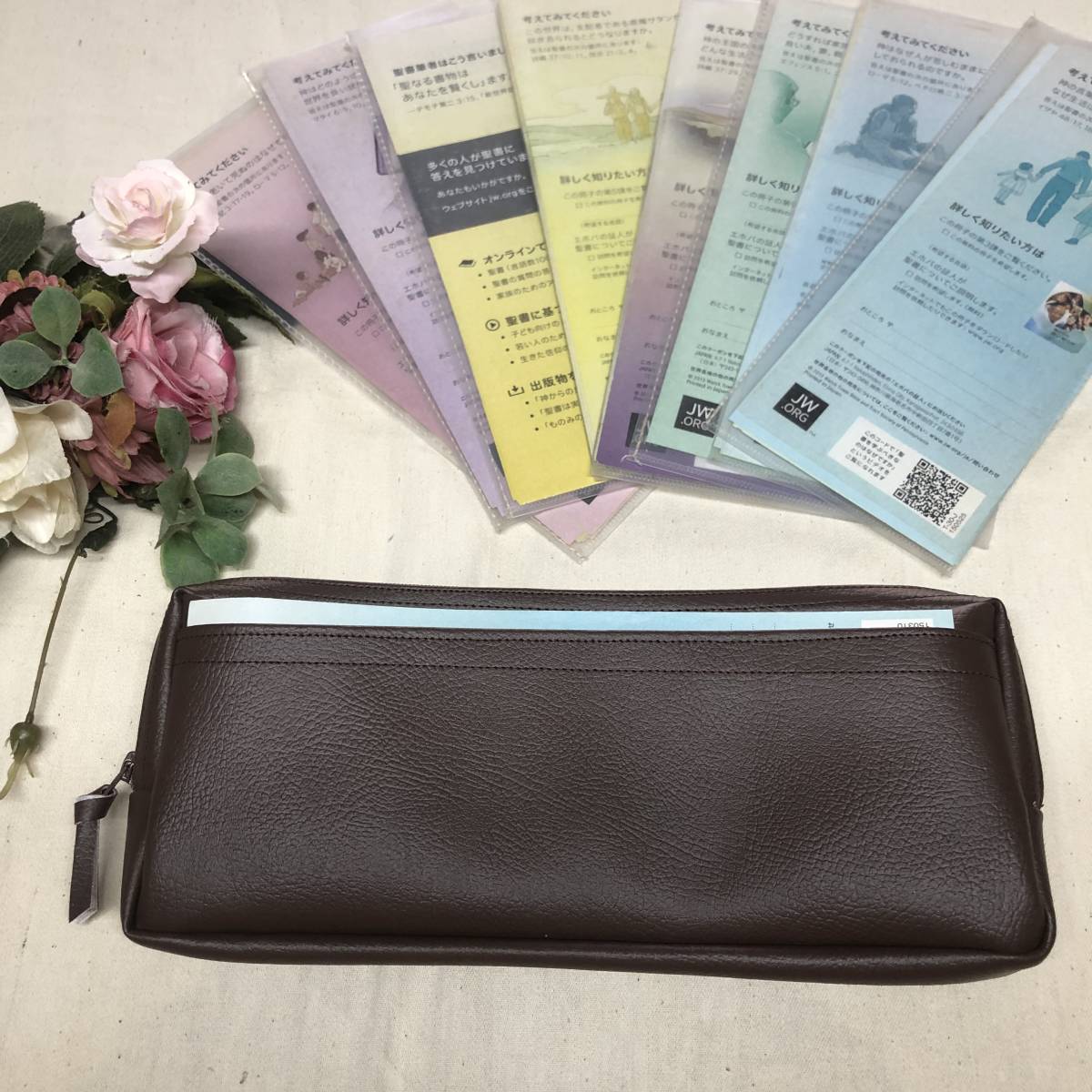 145* pouch type *JW pamphlet inserting! middle sack 8 sheets attaching * imitation leather tea * hand made 