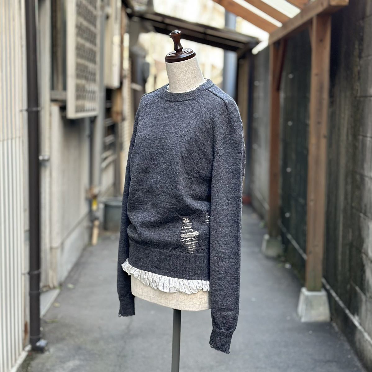 22aw 2022 MAISON MARGIELA ④ ⑭ メゾン マルジェラ 4 14 ダメージ デストロイ 加工 ストライプ ドッキング ニット セーター サイズ S_画像2