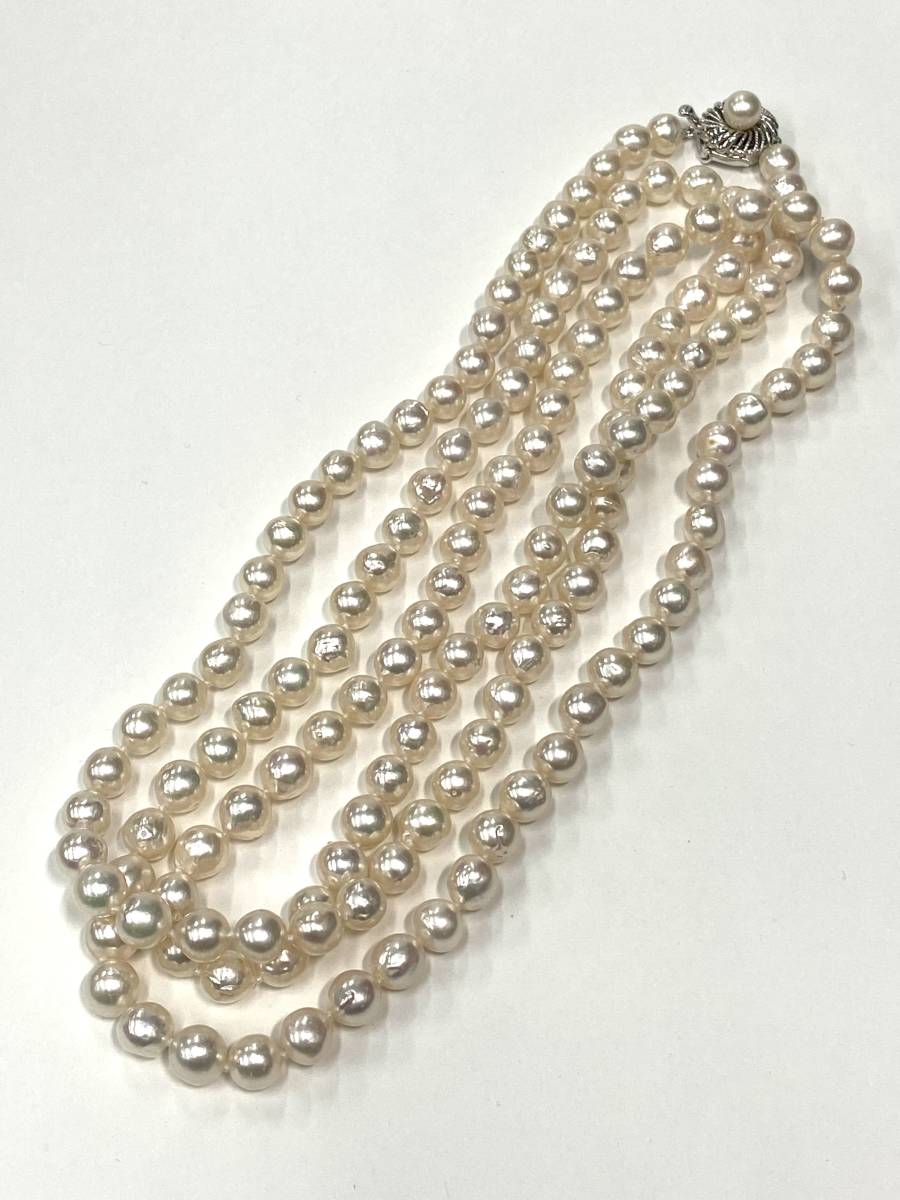 【真珠】アコヤ真珠 バロック 7mm~8.5mm パール ロング 126cm ネックレス 留め金具 シルバー アコヤパール あこや 未使用 32