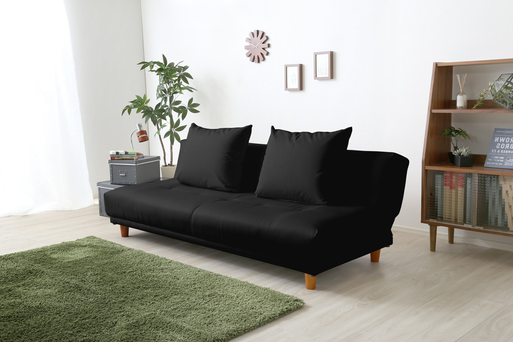  reclining sofa bed cushion 2 piece attaching low sofa made in Japan synthetic leather black color 