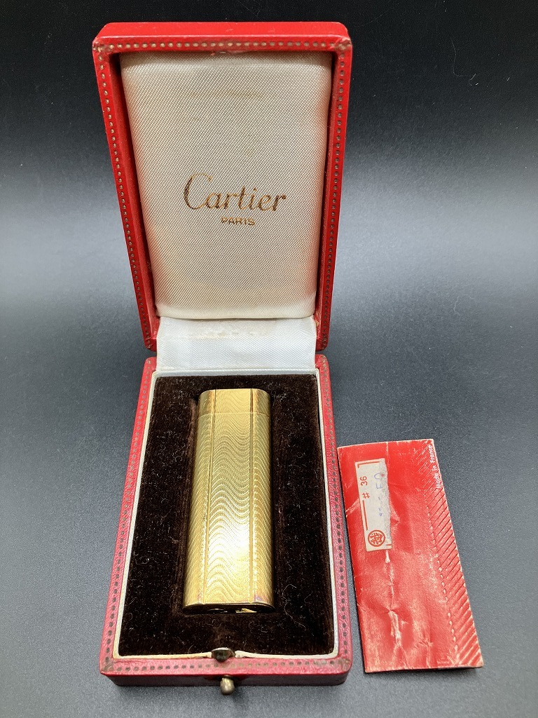 Cartier　カルティエ　ガスライターオーバル型 　ゴールドカラー　箱付き　要メンテナンス　火花確認