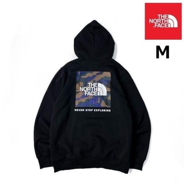 1円～!売切!【正規新品】THE NORTH FACE PRINTED BOX NSE HOODIE パーカー US限定 グラフィック ボックスロゴ(M)黒 迷彩柄 181130-30_画像1