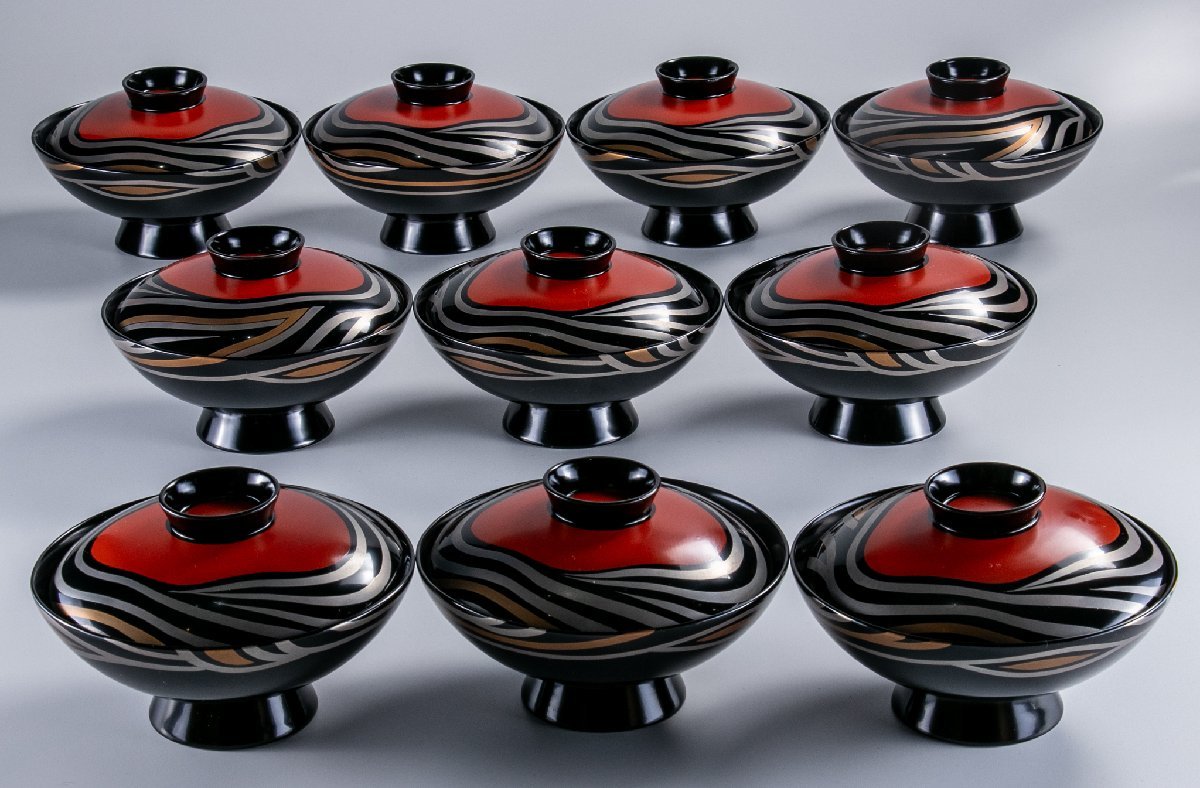 【漆芸】 輪島塗 煮物椀 10客 共箱 D536 蒔絵 古美術 骨董 茶道具 うつわ 日本料理 料亭 懐石 和食器
