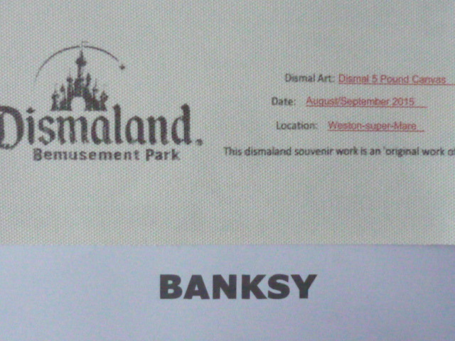  free shipping * Bank si-Banksy 5 pound * genuine work guarantee * canvas cloth * autograph equipped *Dismalandtizma Land. go in place ticket 33