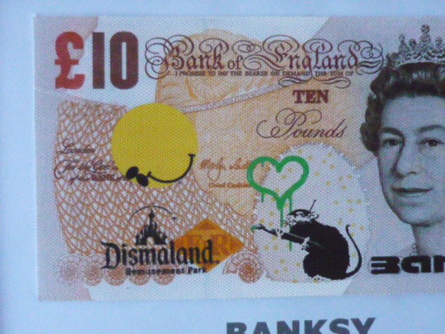  free shipping * Bank si-Banksy 10 pound * genuine work guarantee * canvas cloth * autograph equipped *Dismalandtizma Land. go in place ticket attached 62