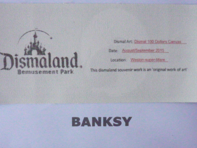 送料無料★バンクシー Banksy １００ドル ★真作保証★キャンバス生地★サインあり★Dismalandディズマランドの入場チケットあり35_裏面