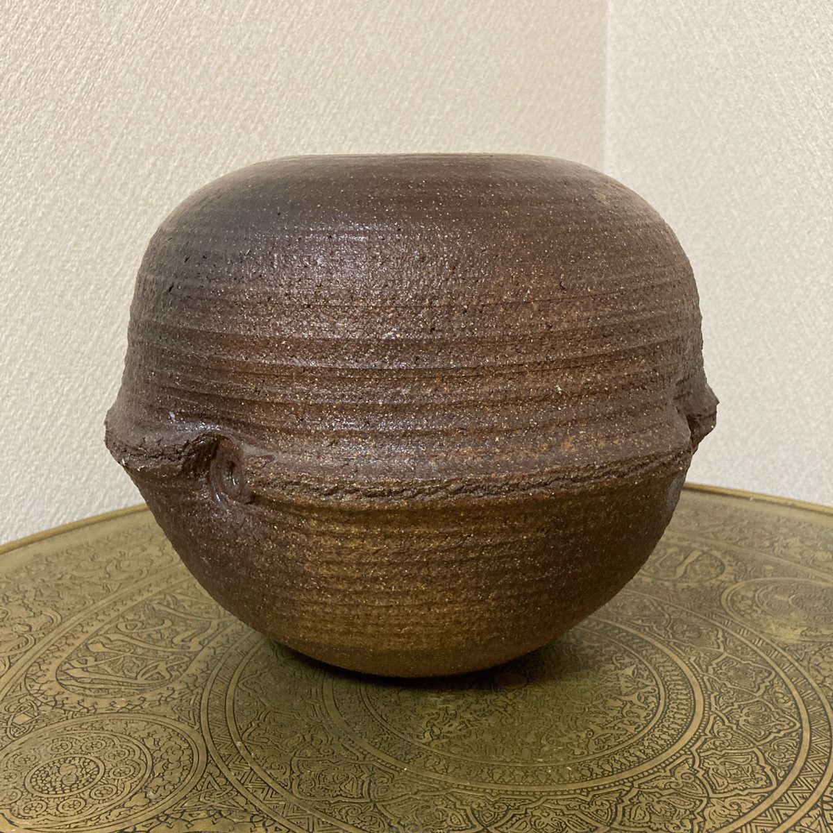 信楽焼　信山作　古い鈴型花瓶　花器　刷毛目模様　〈検 備前焼　伊賀焼