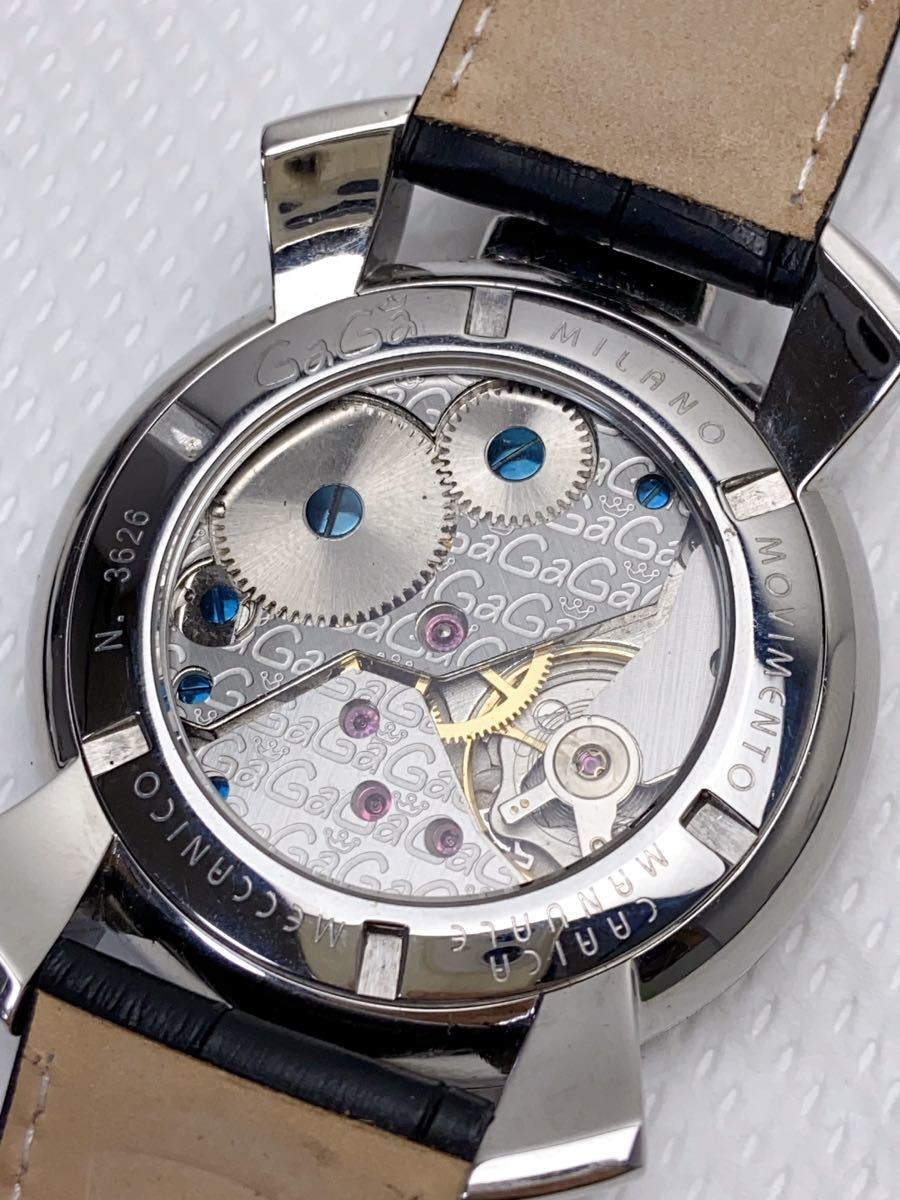 T830 極美品 GaGa MILAN ガガミラノ マヌアーレ N.3626 手巻き メンズ腕時計 裏スケルトン 黒文字盤