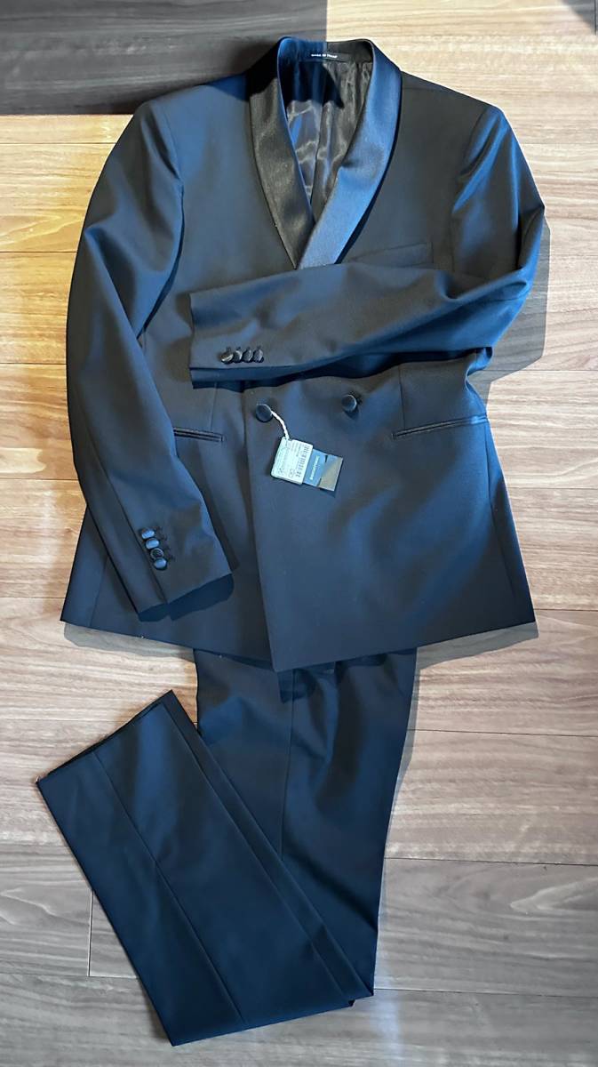新品タグ付 イタリア TAGLIATORE SUPER110'S ウール ショールカラー タキシードスーツ ブラック シャドーチェック 織柄 サイズ50
