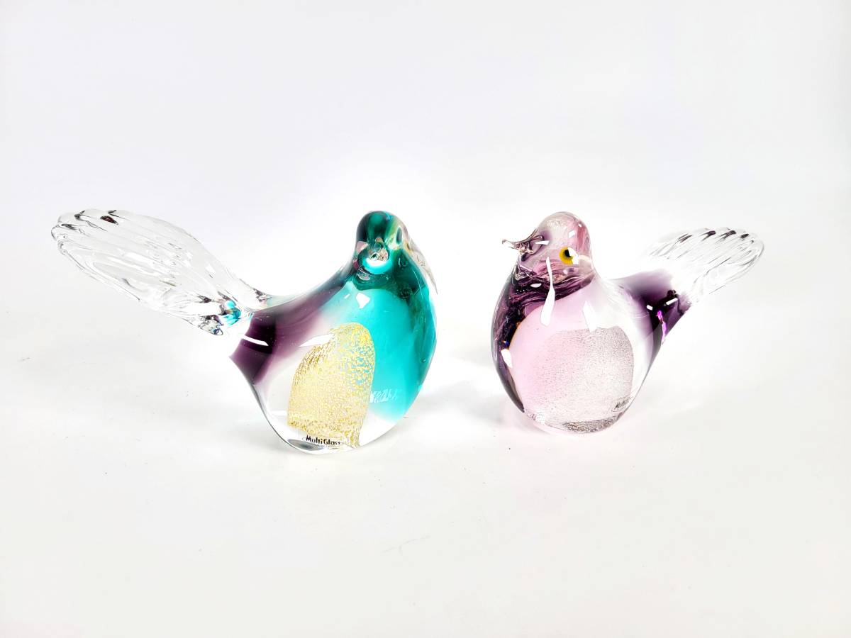 人気 ブランド チェック 長期保管品・美品】Multi Glass 置物 ペア 鳥 マルティグラス 工芸ガラス
