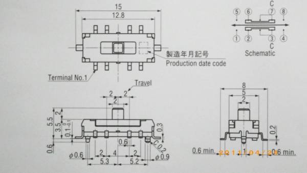 超小型１２．８ｍｍ　2回路3接点　コパルスライドスイッチ　ＣＭＳ－２３０２Ｂ　未使用品１０個組　送料込_スライドスイッチの構造・寸法図です。