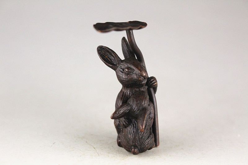 極美古銅煎茶道具質感細工銅ウサギ親子葉傘蓋置香器道具_画像9