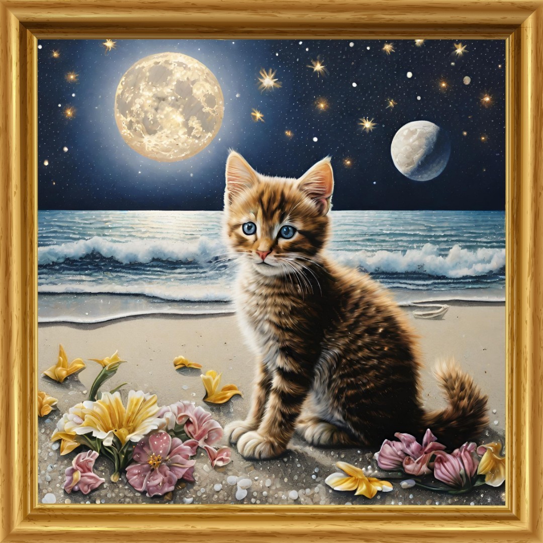 猫 ねこ　海　夜空　月星　イラスト　絵　絵画　インテリア　子猫 Ｌ版サイズプリント ハンドメイド NO29_画像1