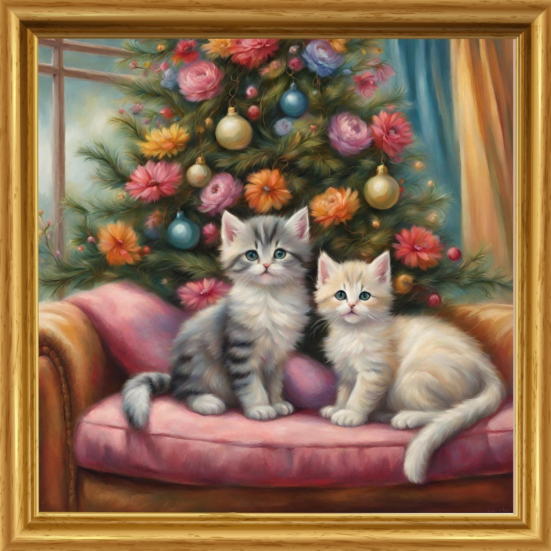 猫　花　クリスマスツリー　イラスト　絵　絵画　インテリア 子猫　Ｌ版サイズプリント ハンドメイド　NO66_画像1