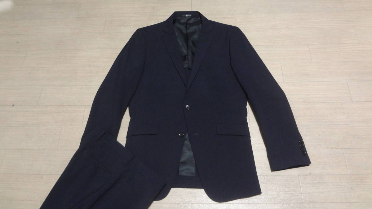 美品175cmW80cm★SUIT SELECT☆スーツセレクト★美シルエット★細身2Bスリムスーツ/濃紺グレー織りストライプ★シングル２釦★ビジネス_画像1