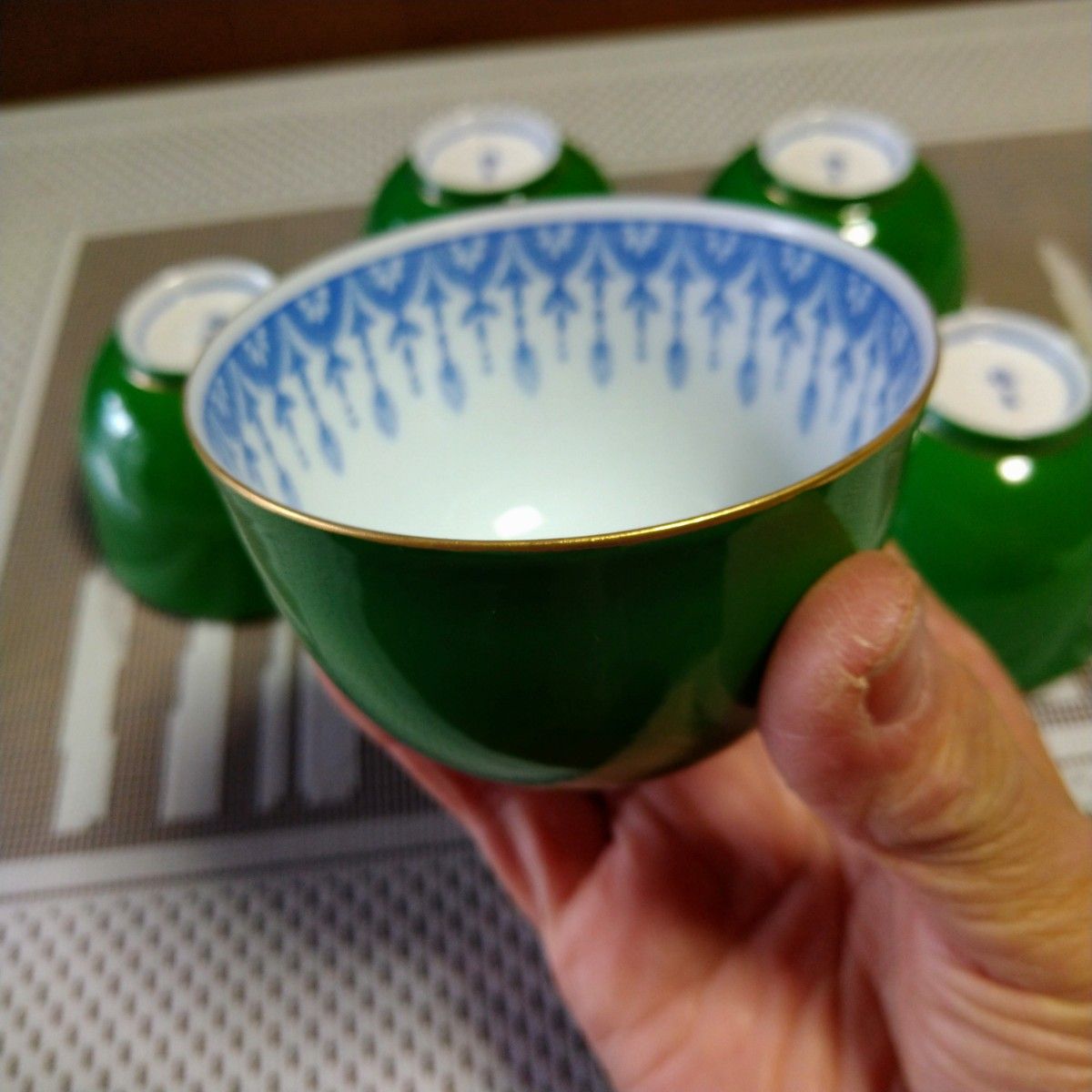 橘吉たち吉お茶呑茶碗 陶器 有田茶道具煎茶骨董品金彩湯呑み湯飲みセット5客セット茶器緑ヴィンテージ当時物仙茶道具たち吉湯飲み