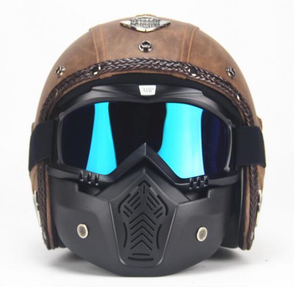 新入荷 バイク ジェットヘルメット ハーレーヘルメット PUレザー バイザー付き ゴーグル マスク付 -L_画像3