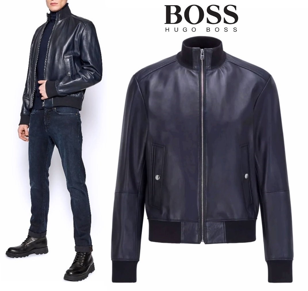 19万新品◆54＝XL◆BOSS ヒューゴボス 羊革ジップアップブルゾン紺 1円_画像1