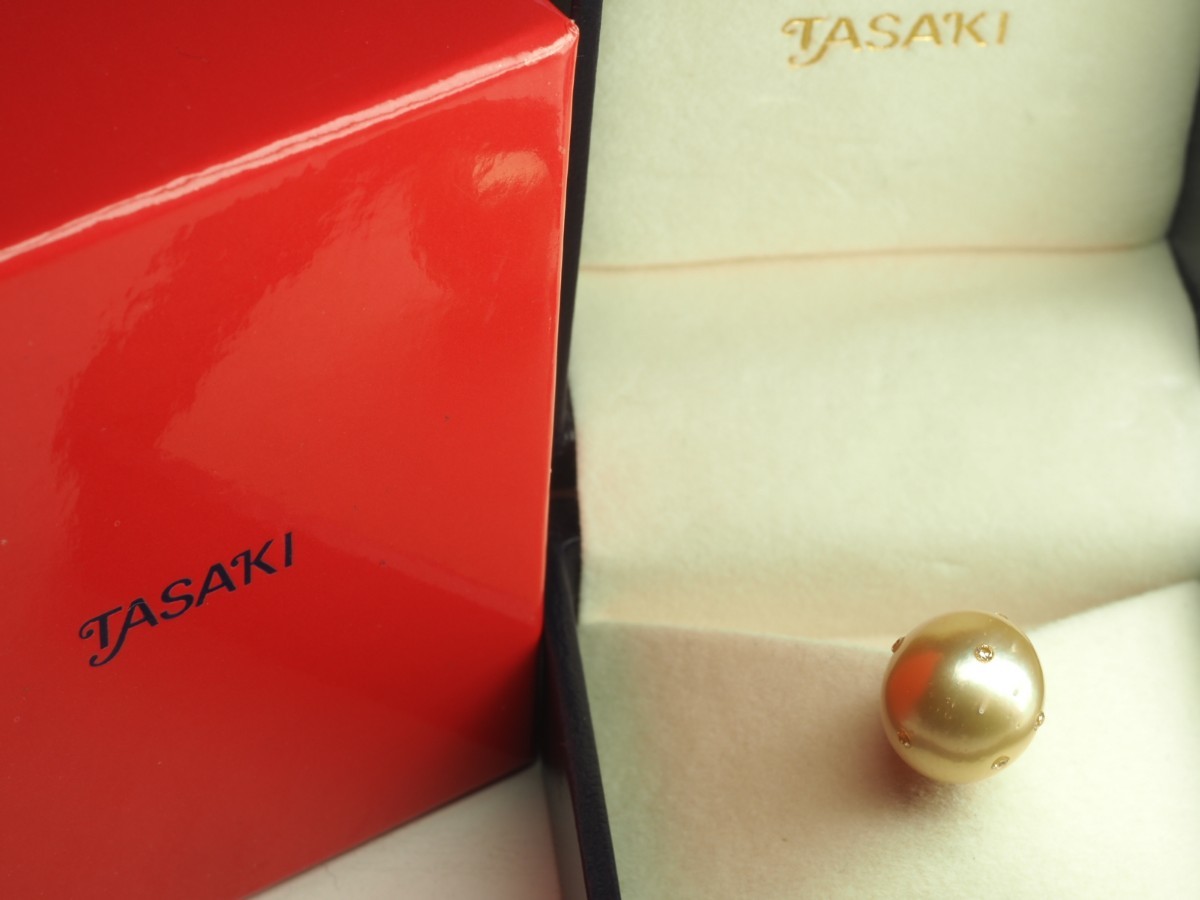 田崎真珠　TASAKI　タサキ　天然ゴールデン真珠　ダイヤモンド　ピンブローチ　K18WG 箱