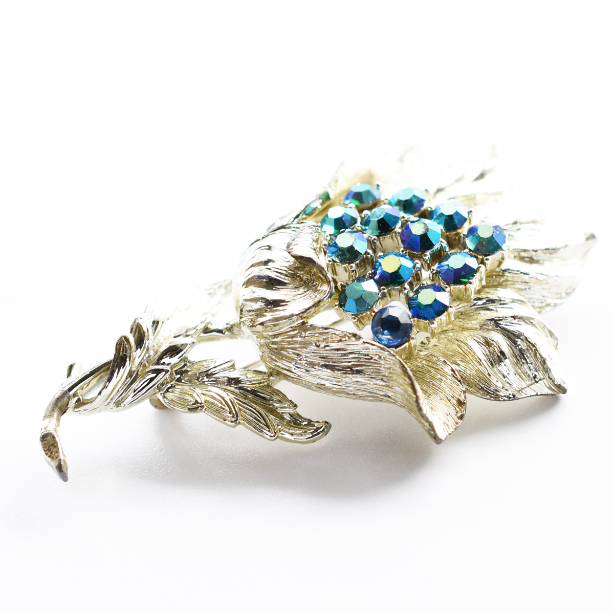 Vintage Coro 1950s'　silver metal　flower　blue rhinestone brooch_画像8