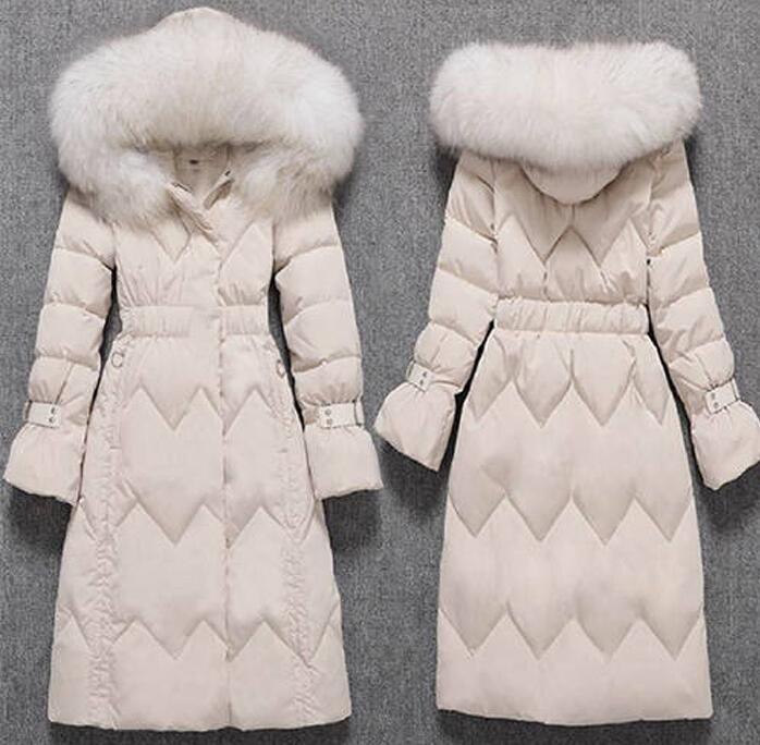     原文:超高級 ダウンジャケット 厚手 ホワイトダックダウン フォックスファー 帽子付 暖かい ロングコート 細身 防寒 サイズ選択可