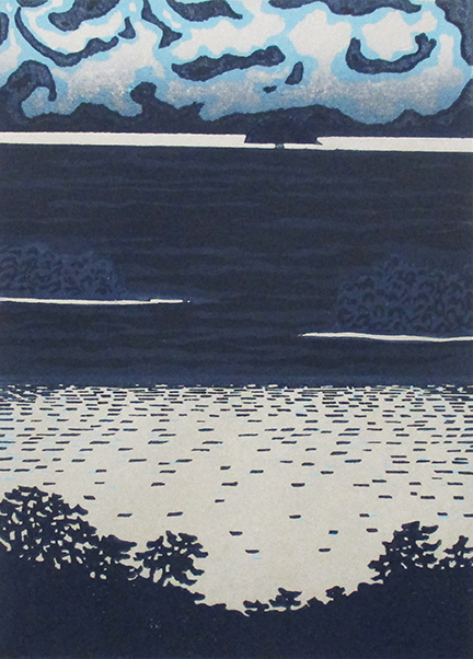 牧野宗則『光る海』木版画　ed.T.P. 鉛筆サイン　額付き（箱なし）　1983年制作_画像2