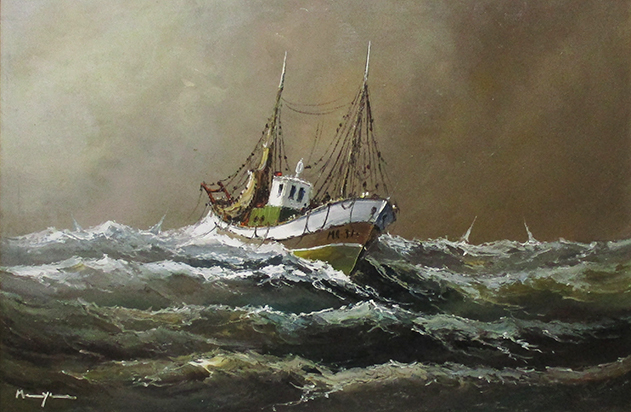 ベニグノ・ムルシア・マタ『漁船』油彩、板にキャンバス地　M30号　サイン有　額、箱付き_画像2